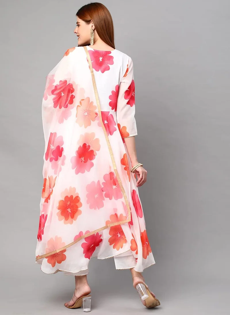 جو سريكي زهور قطن تشانديري للنساء من GoSriKi مطبوعة من كورتا وبنطال أناركالي مع طقم دوبتا (ANARKALI-WHITE-NW-GS_XXL_White_XX-LARGE)